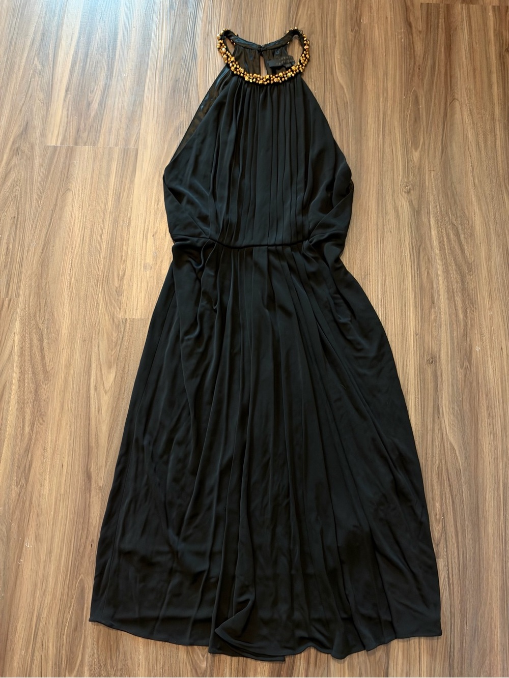 Robert Rodriguez Black Halter Maxi Dress with Gold Beaded Neckline